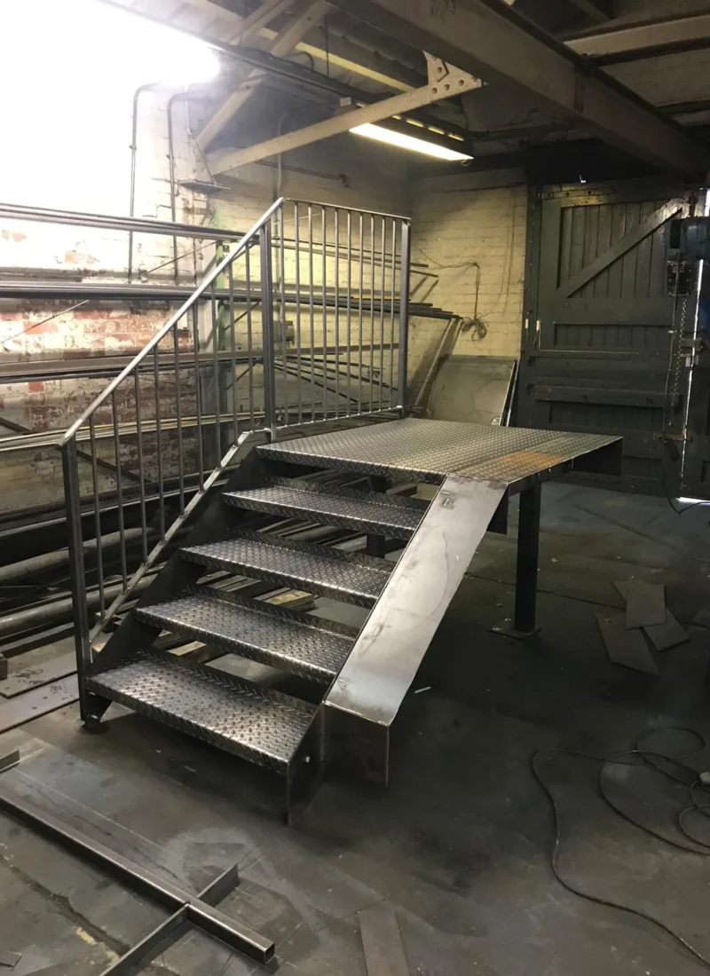 External steel staircase part-fabricated in the J R Fabrications workshop